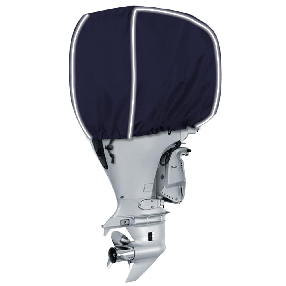 600D Fade and Crack Resistant Trailerable Outboard Motor Cover, Waterproof Boat Motor Covers, Boat Engine Cover with Reflective Strips and Adjustable Strap, Navy(Fits 50-115 HP)