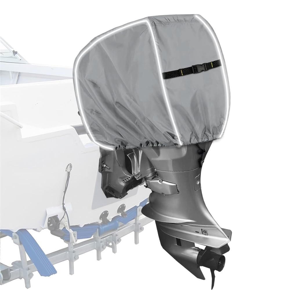 600D Outboard Motor Cover, Waterproof Fade and Crack Resistant Trailerable Boat Motor Covers, Windproof Boat Engined Covers with Adjustable Strap, Black(Fits 25 HP)