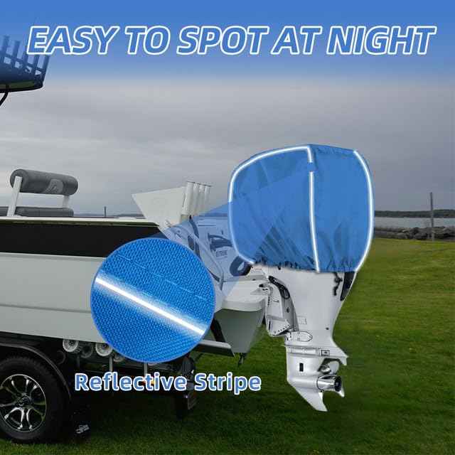 600D Fade and Crack Resistant Trailerable Outboard Motor Cover, Waterproof Boat Motor Covers, Boat Engine Cover with Reflective Strips and Adjustable Strap, Navy(Fits 50-115 HP)