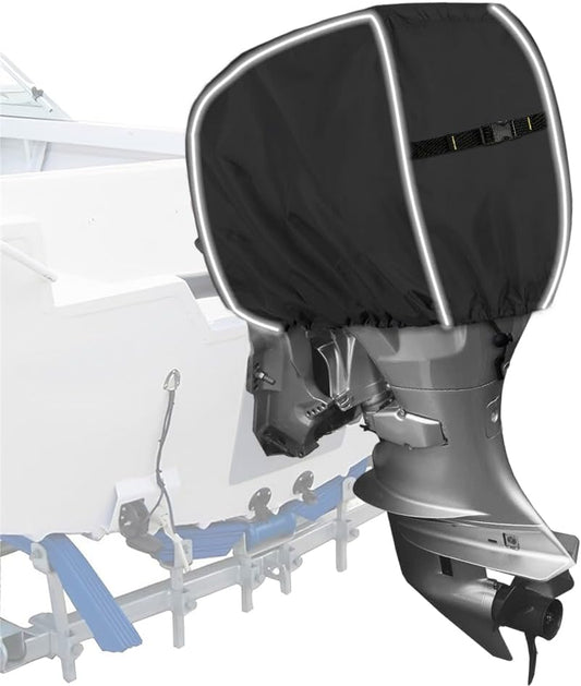 600D Outboard Motor Cover, Waterproof Fade and Crack Resistant Trailerable Boat Motor Covers,Windproof Boat Engined Covers with Adjustable Strap,Black (Fits 25-50HP)