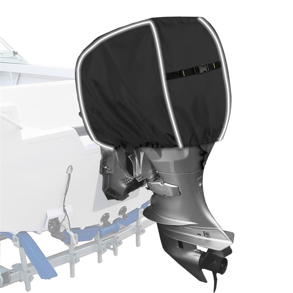 600D Outboard Motor Cover, Waterproof Fade and Crack Resistant Trailerable Boat Motor Covers, Windproof Boat Engined Covers with Adjustable Strap, Black(Fits 25 HP)