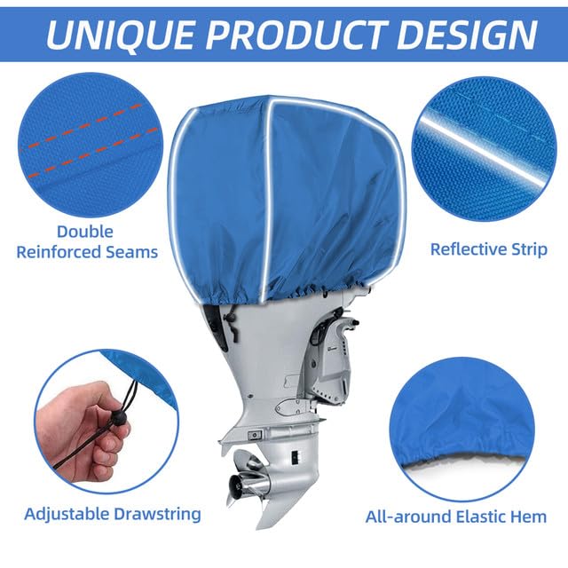 600D Fade and Crack Resistant Trailerable Outboard Motor Cover, Waterproof Boat Motor Covers, Boat Engine Cover with Reflective Strips and Adjustable Strap, Navy(Fits 50-115 HP)