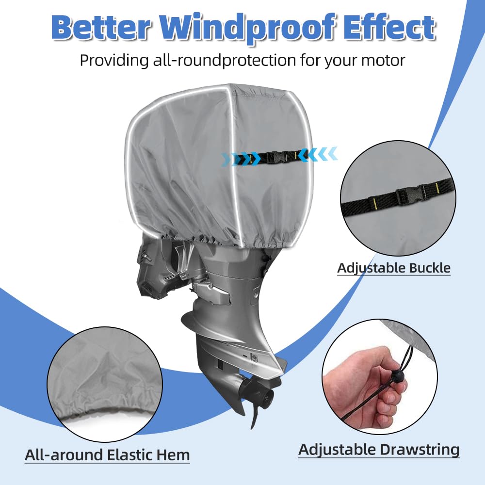 600D Outboard Motor Cover, Waterproof Fade and Crack Resistant Trailerable Boat Motor Covers, Windproof Boat Engined Covers with Adjustable Strap, Black(Fits 25 HP)