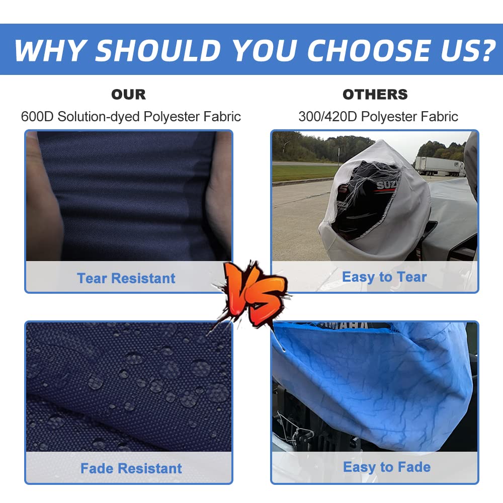 600D Fade and Crack Resistant Trailerable Outboard Motor Cover, Waterproof Boat Motor Covers, Boat Engine Cover with Reflective Strips and Adjustable Strap, Navy(Fits 50-115 HP)