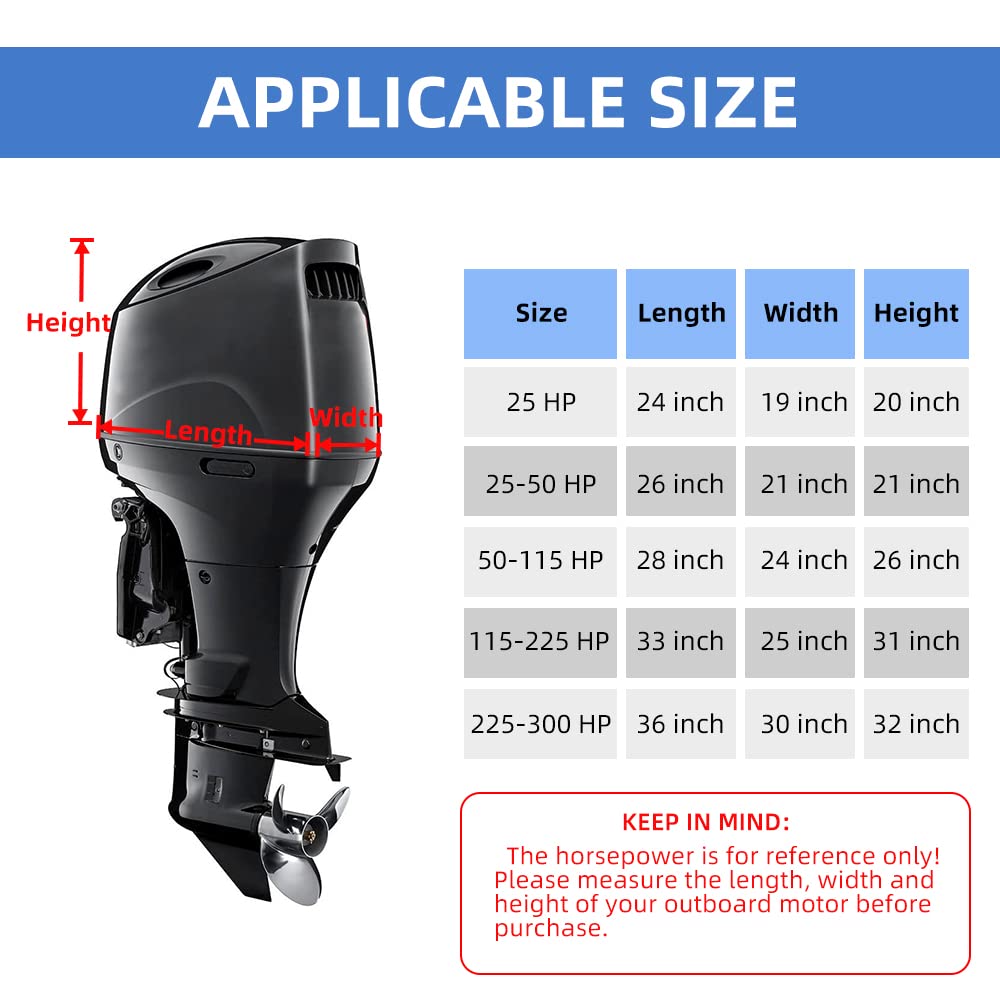 600D Fade and Crack Resistant Trailerable Outboard Motor Cover, Waterproof Boat Motor Covers, Boat Engine Cover with Reflective Strips and Adjustable Strap, Navy(Fits 50-115 HP)