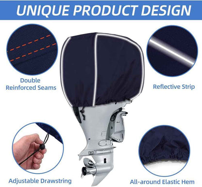 600D Fade and Crack Resistant Trailerable Outboard Motor Cover, Waterproof and UV-Proof Boat Motor Covers, Boat Engine Cover with Reflective Strips and Adjustable Strap(Fits 25-50 HP)