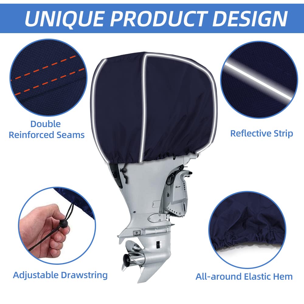 600D Fade and Crack Resistant Trailerable Outboard Motor Cover, Waterproof Boat Motor Covers, Boat Engine Cover with Reflective Strips and Adjustable Strap, Navy(Fits 50-115 HP)