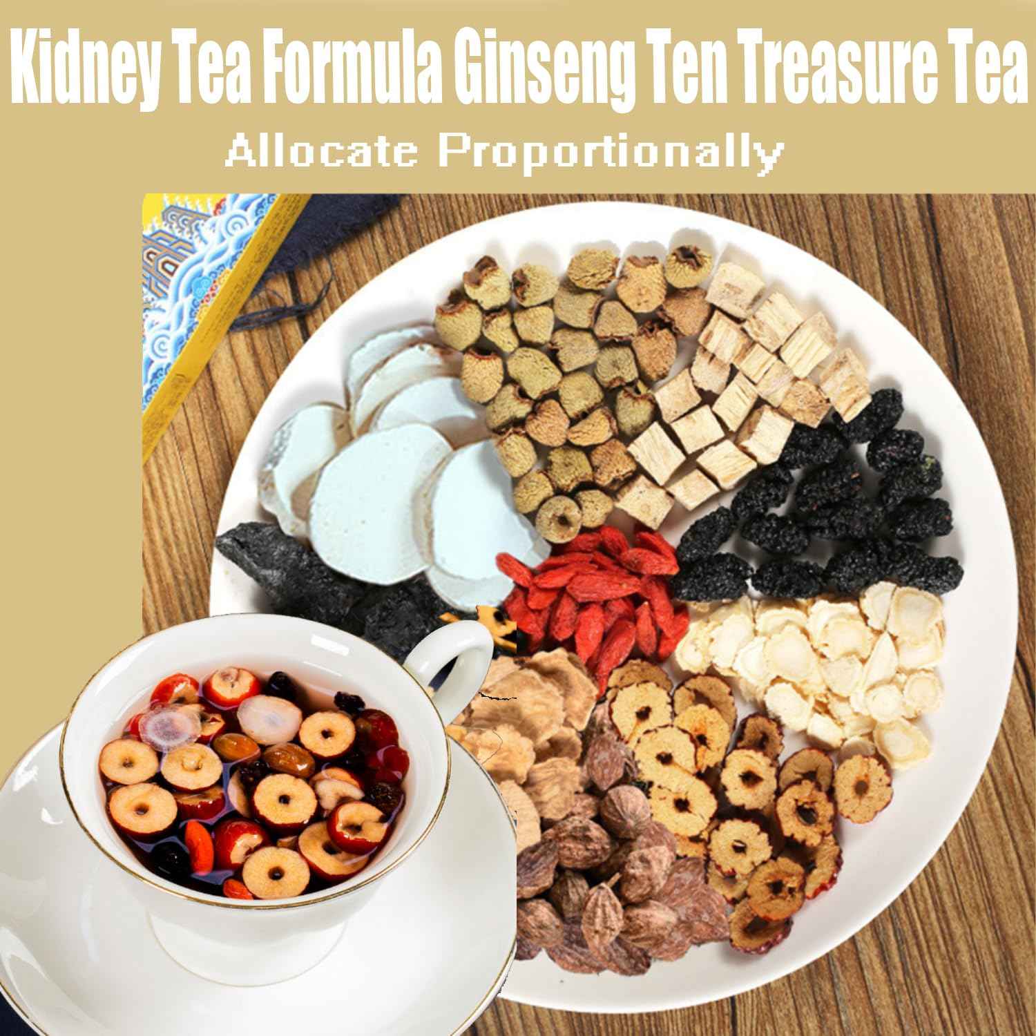 Kidney Tea Formula Ginseng Six Treasure Tea, 10 Precious Ingredients Formula, Ginseng ginseng mulberry herbal tea, Chinese Herbal Kidney Care Teabags for Men & Women(10 bags/1Box)
