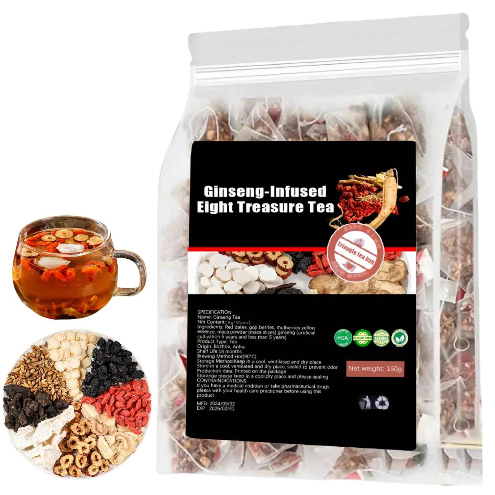Ginseng-infused Eight Treasure Tea, Kidney Tea formula Ginseng Five Treasure Tea, Red Date Wolfberry Mulberry Health Tea, Han Shan Tang Tea, Kidney Care Tea Bags for Women & Men - 30bags (1)