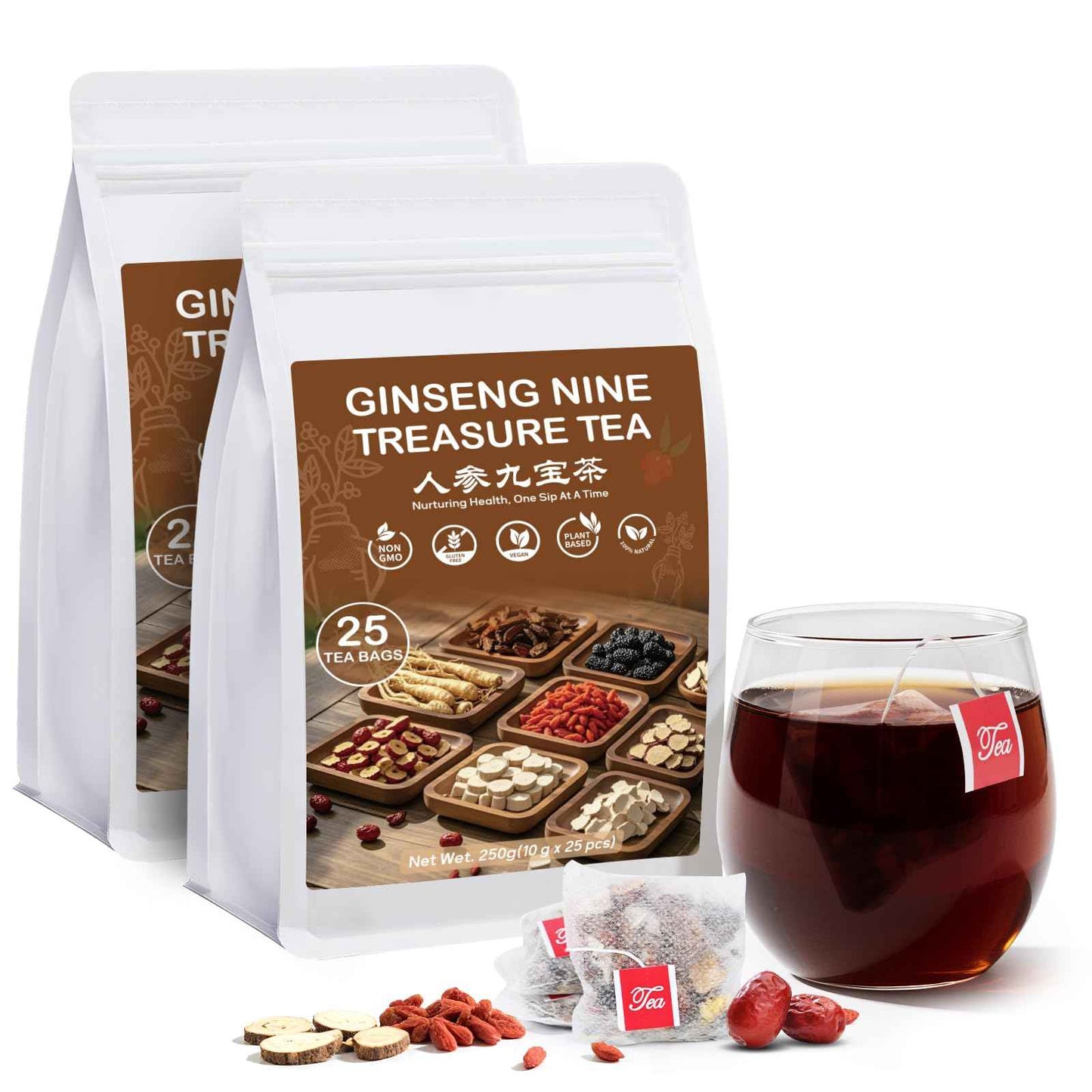 Ginseng Nine Treasures Kidney Tea, Natural Organic Kidney Cleanse Detox Tea, Traditional Chinese Herbal Teabags for Men & Women, 9 Precious Ingredients Formula (1 Pack/25 Bags)