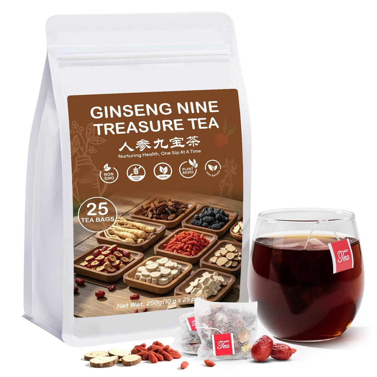 Ginseng Nine Treasures Kidney Tea, Natural Organic Kidney Cleanse Detox Tea, Traditional Chinese Herbal Teabags for Men & Women, 9 Precious Ingredients Formula (1 Pack/25 Bags)