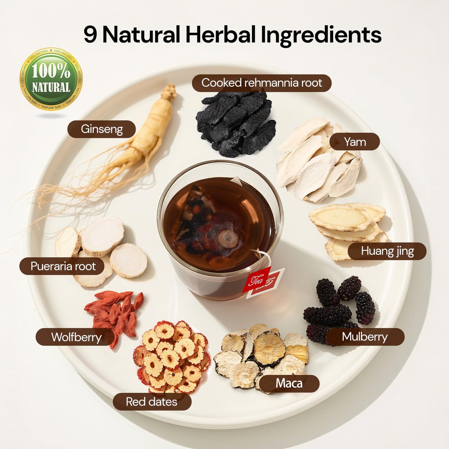 Ginseng Nine Treasures Kidney Tea, Natural Organic Kidney Cleanse Detox Tea, Traditional Chinese Herbal Teabags for Men & Women, 9 Precious Ingredients Formula (1 Pack/25 Bags)