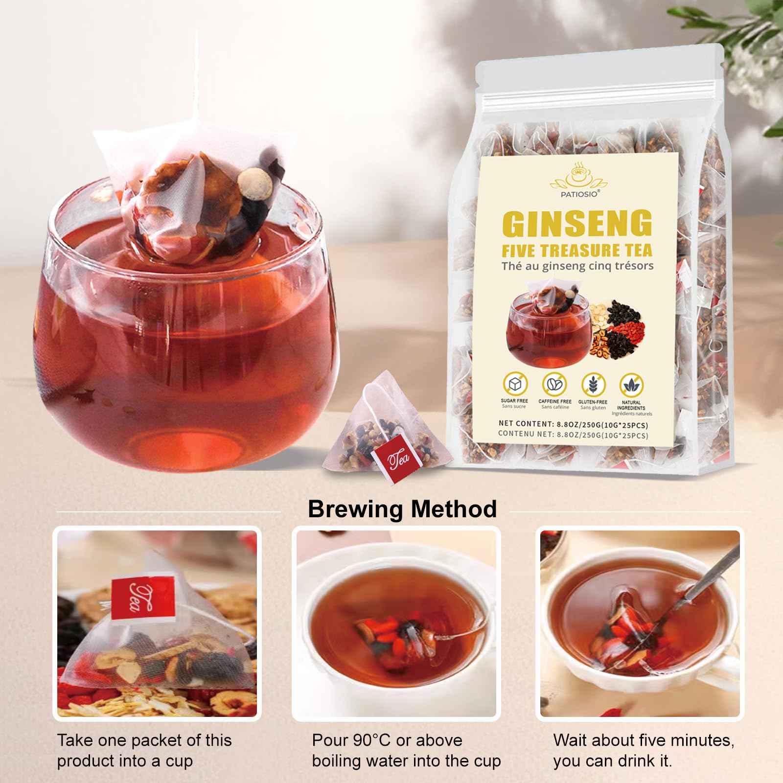 Ginseng Five Treasures Tea - Kidney Tea Wubao Tea, Kidney Cleanse Tea Ginseng Six Treasures Tea, Ginseng Red Date Natural Chinese Herbal Tea Bags for Men Women(250g/10g x25pcs)