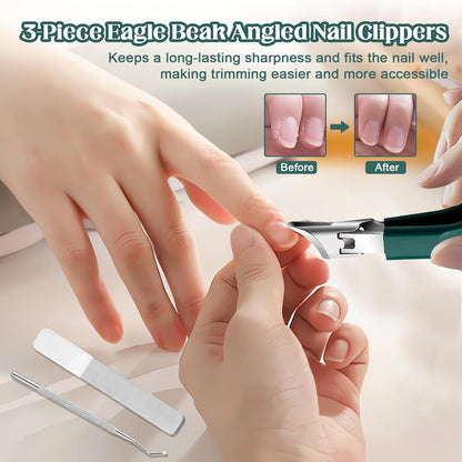 3 Piece Green Eagle Beak Nail Clipper Set, Wide Jaw Opening Anti-Splash Slanted Nail Clipper for Men Women