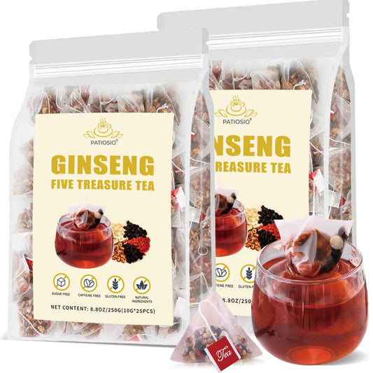 Ginseng Five Treasures Tea - Kidney Tea Wubao Tea, Kidney Cleanse Tea Ginseng Six Treasures Tea, Ginseng Red Date Natural Chinese Herbal Tea Bags for Men Women(250g/10g x25pcs)