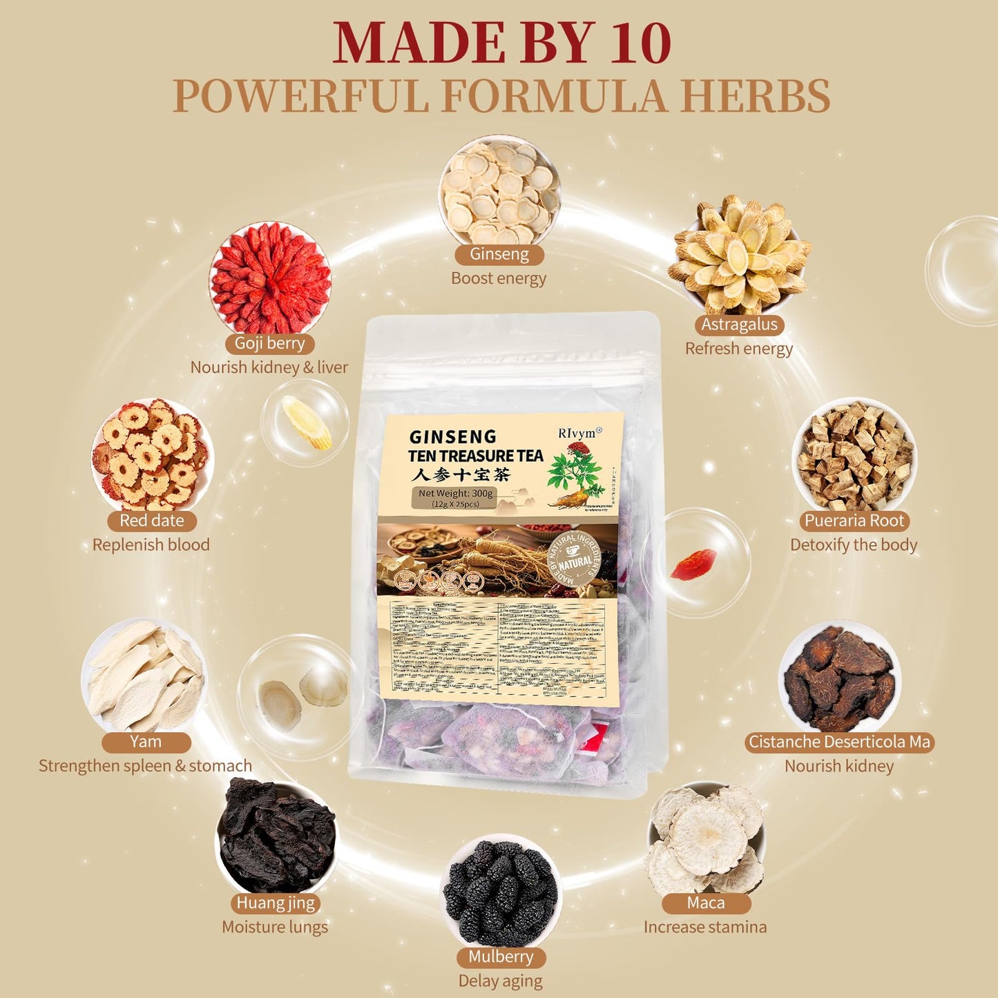 50Pcs Ginseng Ten Treasures Tea, Chinese Traditional Kidney Care Herbal Tea, Natural Kidney Cleanse Detox Tea for Women & Men, 10 Precious Ingredients Formula(50Bags, 600g)