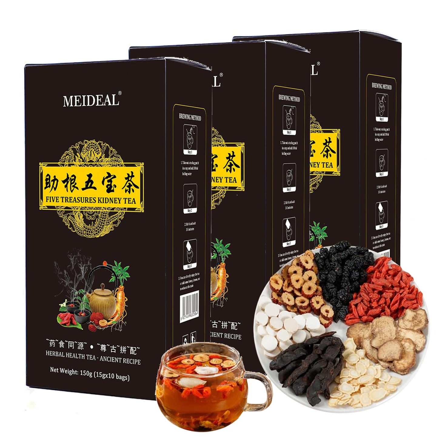 Ginseng Five Treasures Tea Kidney Tea, Ginseng Six TreasureTea, Traditional KidneyTea for Men and Women, 7 Precious Ingredients Formula, Chinese HerbalTea for Kidney (1 Box-10 bags)