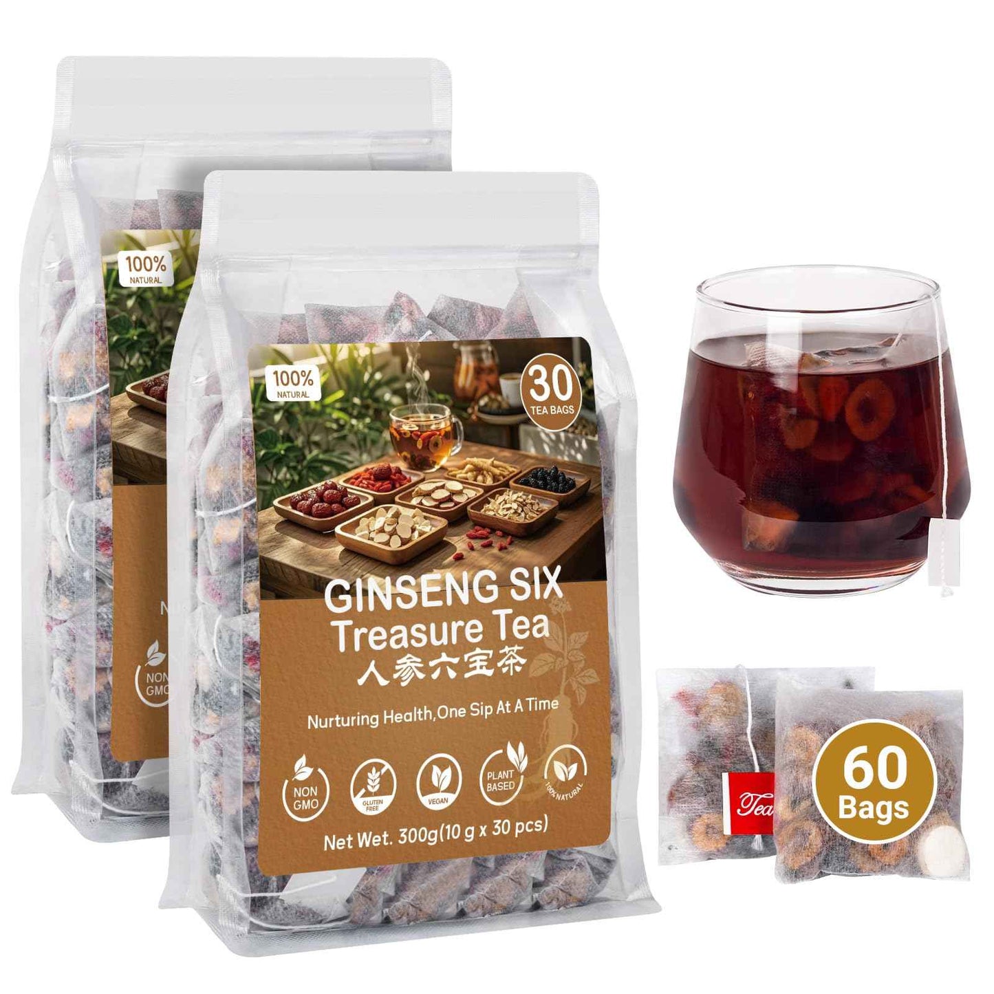 Kidney Tea Formula Ginseng Six Treasure Tea,Ginseng Five Treasures Teabag -7 Ingredient Formula Wolfberry Herbal Chinese Teabag Support Liver Cleanse &Repair for Men Women (1 Box,30 bags)