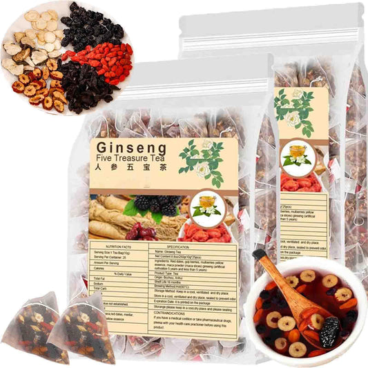 Ginseng Five Treasure Tea - Kidney Tea Formula Ginseng Six Treasure Goji Berry Red Date Mulberry Gouqi Chinese Kidney Cleanse TeaBag, Te De Riñon Saludable for Men Women (2Bag(50pcs))