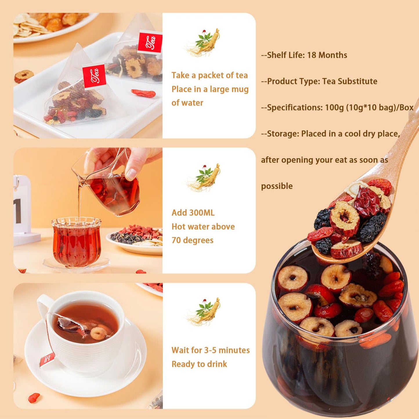 Ginseng Mulberry Gouqi Tea, Ginseng & Mulberry Herbal Tea, KidneyTea Formula Treasure Longan Red Date Wolfberry Teabags for Men & Women(1)