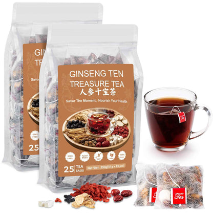 Ginseng Ten Treasure Tea Kidney Tea, Natural Chinese Herbal Kidney Cleanse Detox Teabag Support Liver & Kidneys Health for Men Women, No Additives, Caffeine Free（25 Bags/1 Pack)