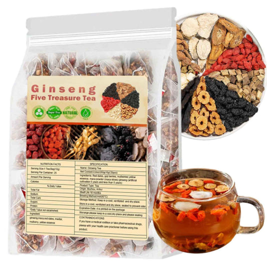 Ginseng Five Treasure Tea - Kidney Wubao Tea, Ginseng Kidney Teas Formula Five Treasure Red Date Natural Chinese Herbal Teas, te de riñon Saludable Organica (1Pack(25Bags))
