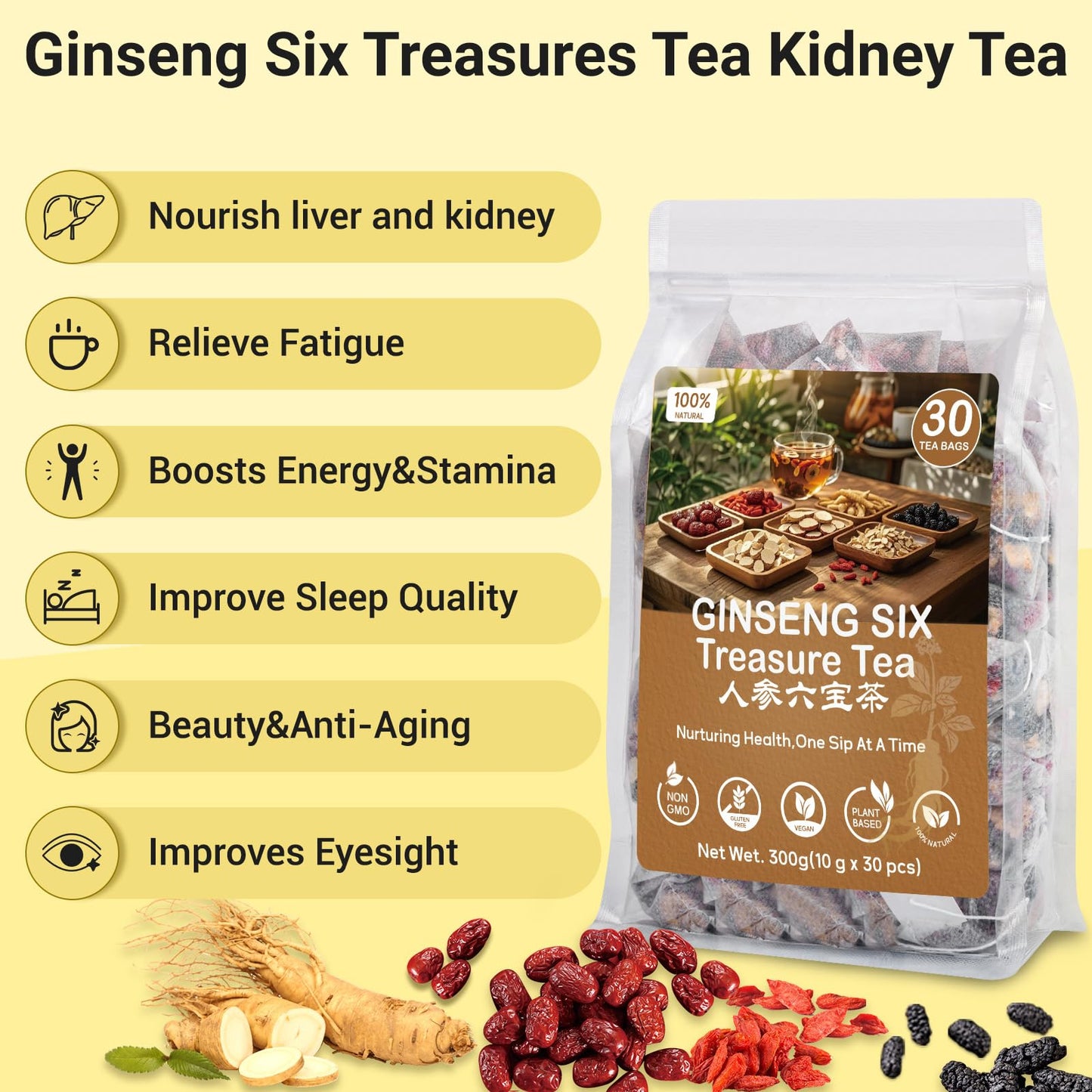 Kidney Tea Formula Ginseng Six Treasure Tea,Ginseng Five Treasures Teabag -7 Ingredient Formula Wolfberry Herbal Chinese Teabag Support Liver Cleanse &Repair for Men Women (1 Box,30 bags)