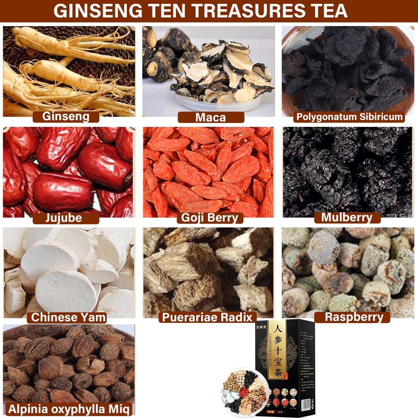 50Pcs Ginseng Ten Treasures Tea, Chinese Traditional Kidney Care Herbal Tea, Natural Kidney Cleanse Detox Tea for Women & Men, 10 Precious Ingredients Formula(50Bags, 600g)
