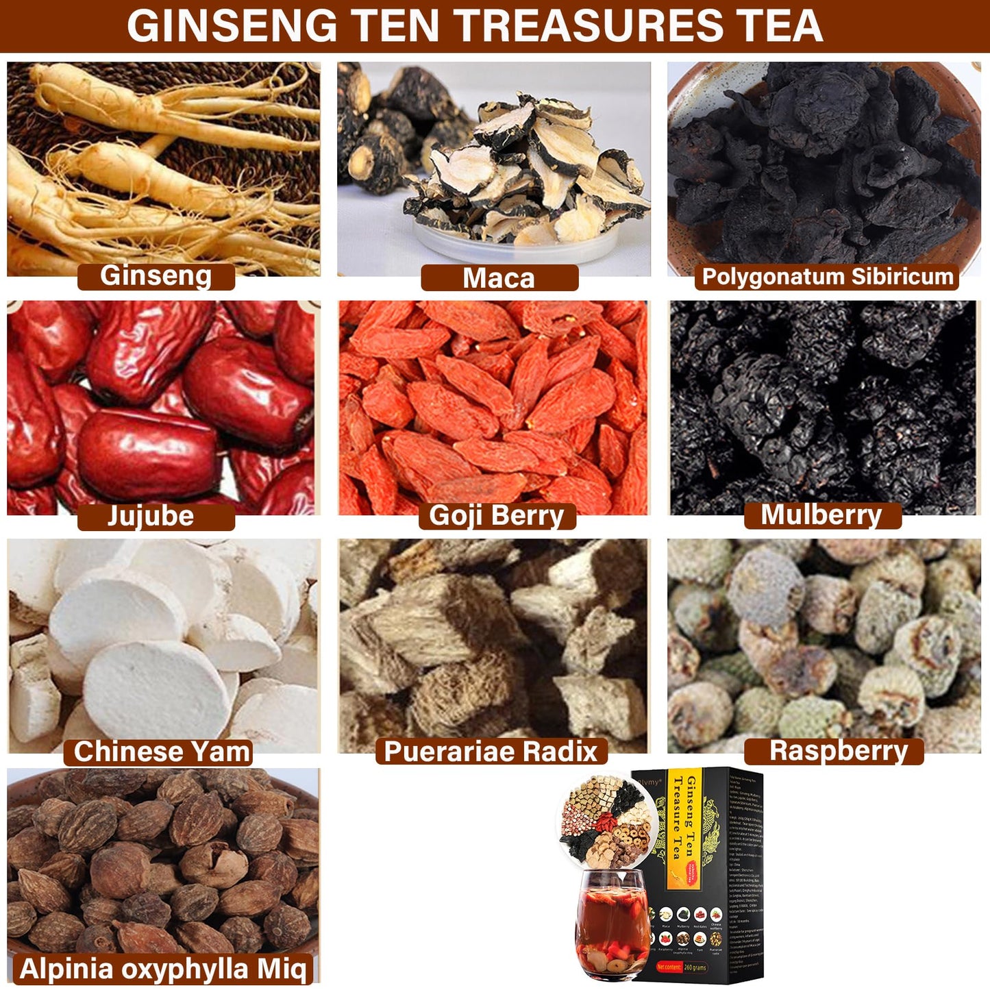 50Pcs Ginseng Ten Treasures Tea, Chinese Traditional Kidney Care Herbal Tea, Natural Kidney Cleanse Detox Tea for Women & Men, 10 Precious Ingredients Formula(50Bags, 600g)