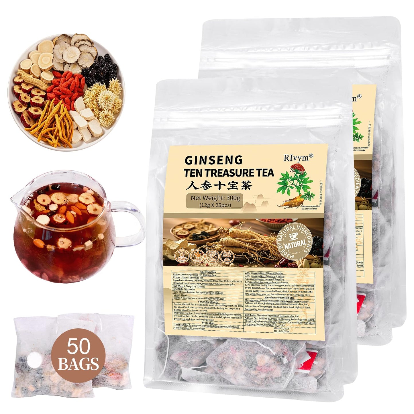50Pcs Ginseng Ten Treasures Tea, Chinese Traditional Kidney Care Herbal Tea, Natural Kidney Cleanse Detox Tea for Women & Men, 10 Precious Ingredients Formula(50Bags, 600g)