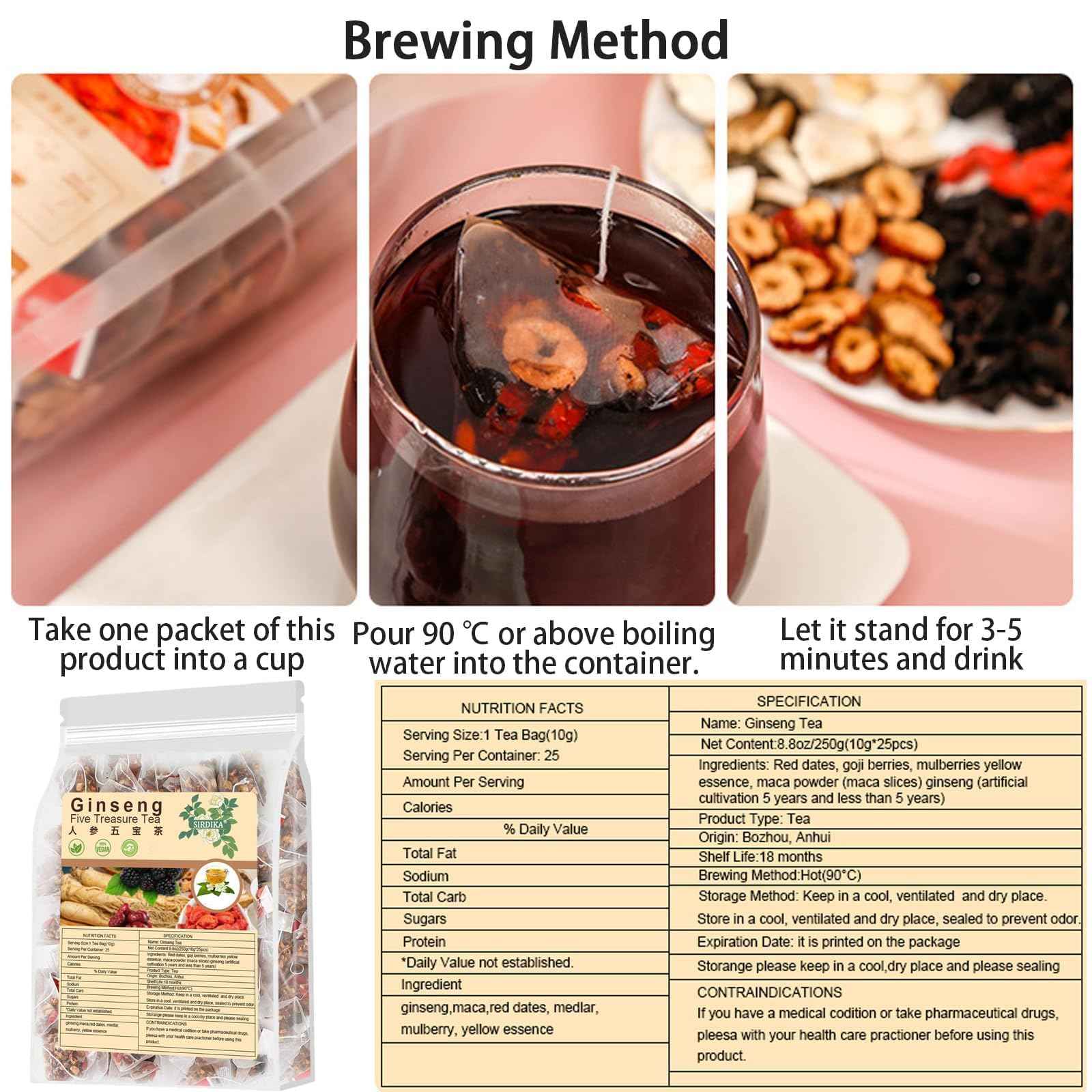 Ginseng Five Treasures Tea - 25Bags Chinese Kidney Wubao Ginseng Tea, te de riñon Saludable Organica (2)
