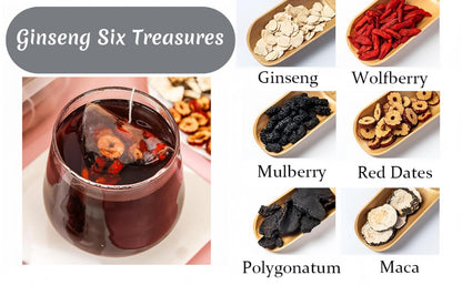 Ginseng Six Treasure Kidney Detox Tea - 20 Triangular Herbal Tea Bags, All-Natural Chinese Formula with Maca, Jujube & Wolfberry (Caffeine-Free, No Sugar)