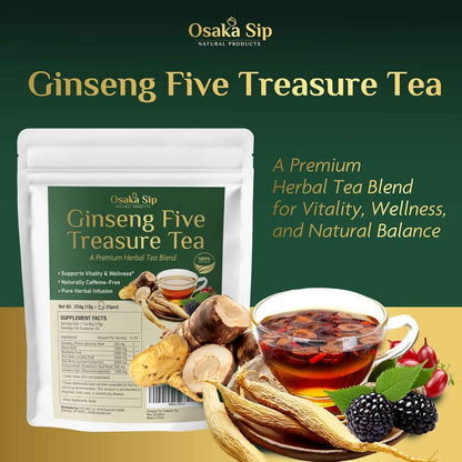Ginseng Five Treasures Tea Bags - Men Women Kidney Health Chinese Herbal Formula for Natural Detox Cleanse - 7 Cleansing Treasure with Goji Berry Mulberry Wolfberry (25 Bags)
