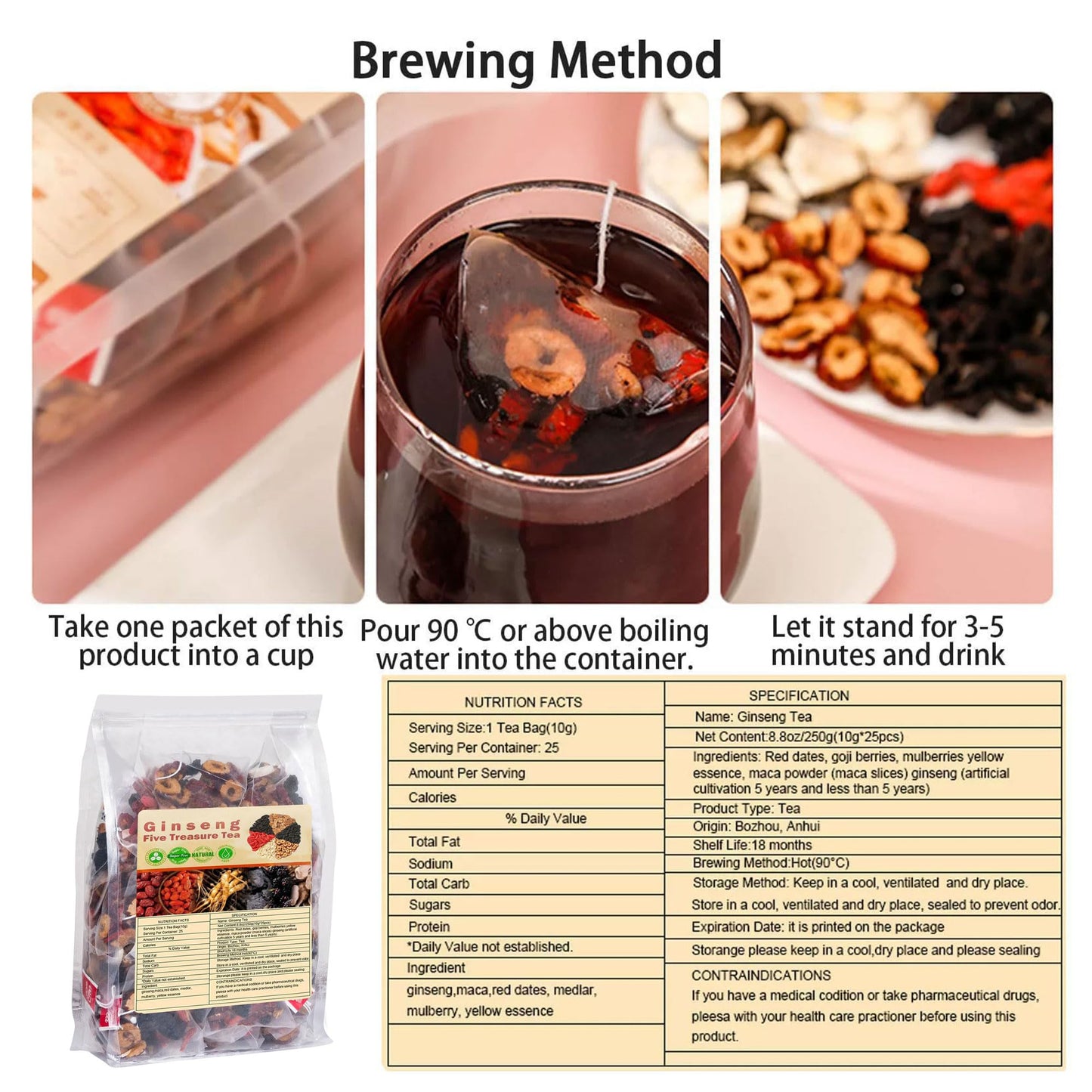 25PCS Ginseng Five Treasures Tea, Kidney Tea Traditional Chinese Herbal Te a,7 Precious Ingredients Formula(1 Pack)